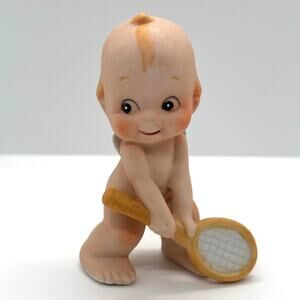 Vintage Lefton Kewpie Doll Figurine w/Tennis Racket, Bisque Angel Baby, 2.5"